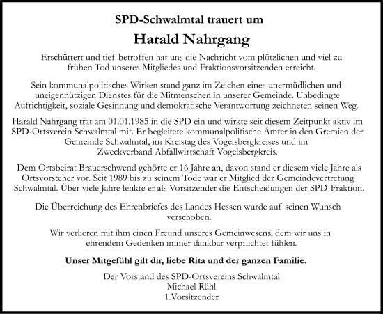 Traueranzeige von Harald Nahrgang von Oberhessische Zeitung