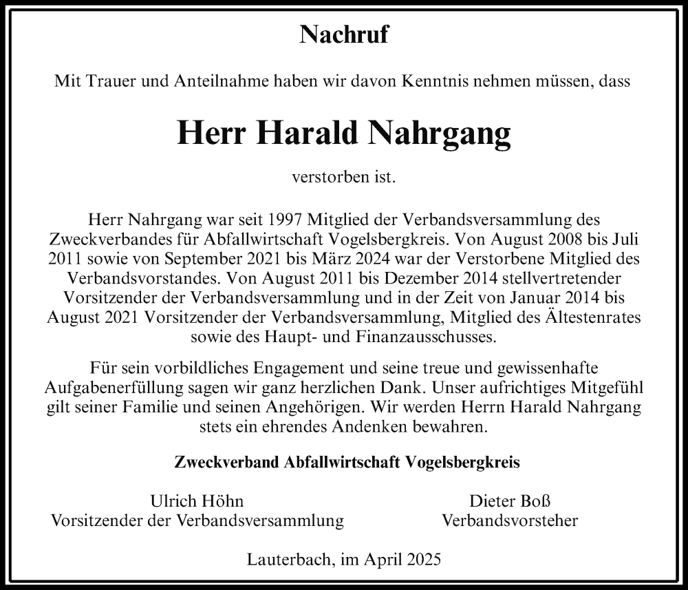  Traueranzeige für Harald Nahrgang vom 23.04.2025 aus Alsfelder Allgemeine, Oberhessische Zeitung, Lauterbacher Anzeiger, Kreis-Anzeiger