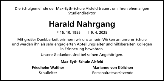 Traueranzeige von Harald Nahrgang von Oberhessische Zeitung