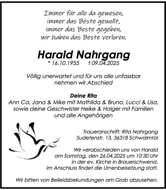 Traueranzeige von Harald Nahrgang von Oberhessische Zeitung, Lauterbacher Anzeiger
