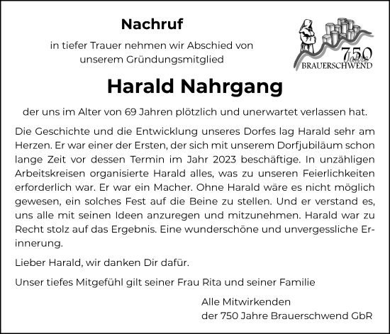 Traueranzeige von Harald Nahrgang von Oberhessische Zeitung, Lauterbacher Anzeiger