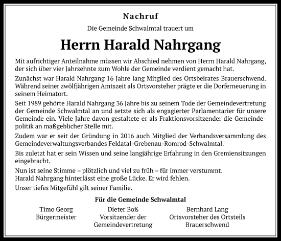 Traueranzeige von Harald Nahrgang von Oberhessische Zeitung
