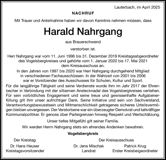 Traueranzeige von Harald Nahrgang von Oberhessische Zeitung