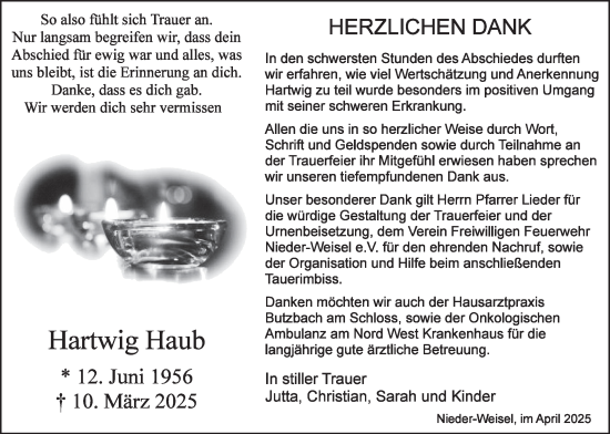 Traueranzeige von Hartwig Haub von Butzbacher Zeitung