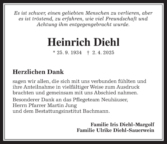 Traueranzeige von Heinrich Diehl von Laubacher Anzeiger
