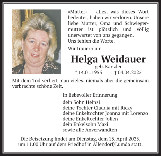 Traueranzeige von Helga Weidauer von Allendorfer Mitteilungen