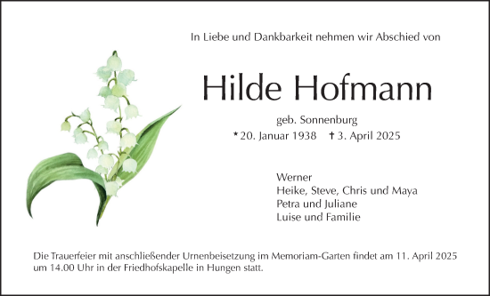 Traueranzeige von Hilde Hofmann von Licher Wochenblatt