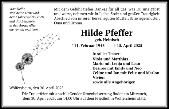 Traueranzeige von Hilde Pfeffer von Wetterauer Zeitung