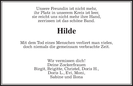 Traueranzeige von Hilde Pfeffer von Wetterauer Zeitung