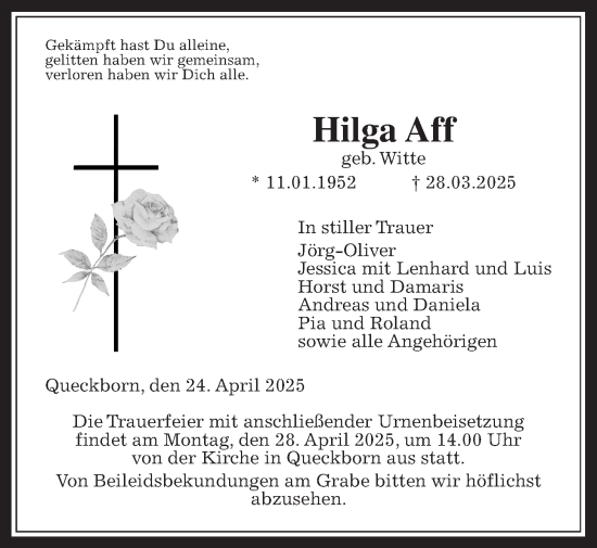 Traueranzeige von Hilga Aff von Giessener Allgemeine, Alsfelder Allgemeine