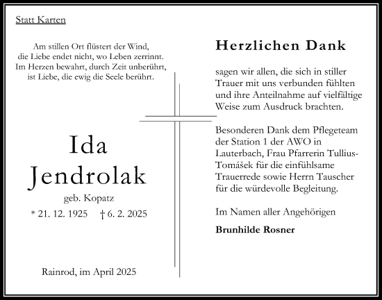 Traueranzeige von Ida Jendrolak von Oberhessische Zeitung