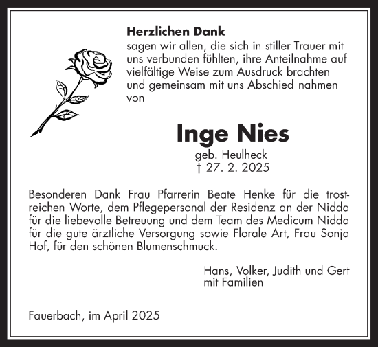 Traueranzeige von Inge Nies von Kreis-Anzeiger