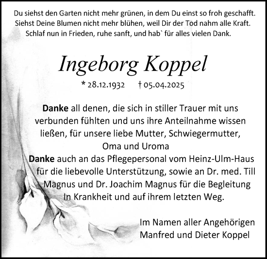 Traueranzeige von Ingeborg Koppel von Giessener Anzeiger