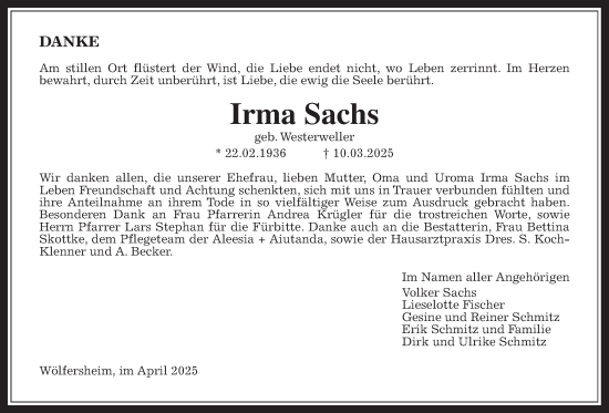 Traueranzeige von Irma Sachs von Wetterauer Zeitung