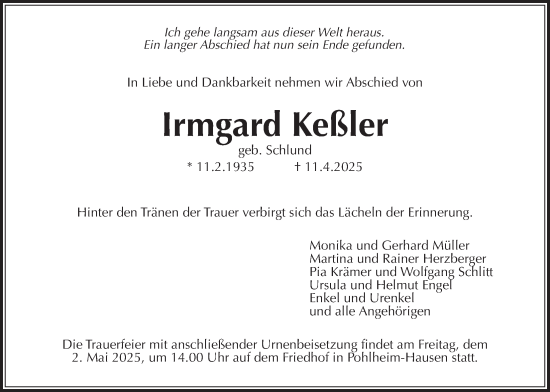 Traueranzeige von Irmgard Keßler von Giessener Allgemeine, Alsfelder Allgemeine, Giessener Anzeiger