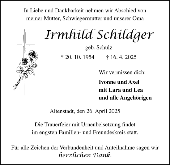 Traueranzeige von Irmhild Schildger von Kreis-Anzeiger