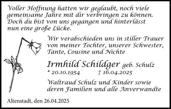 Traueranzeige von Irmhild Schildger von Kreis-Anzeiger