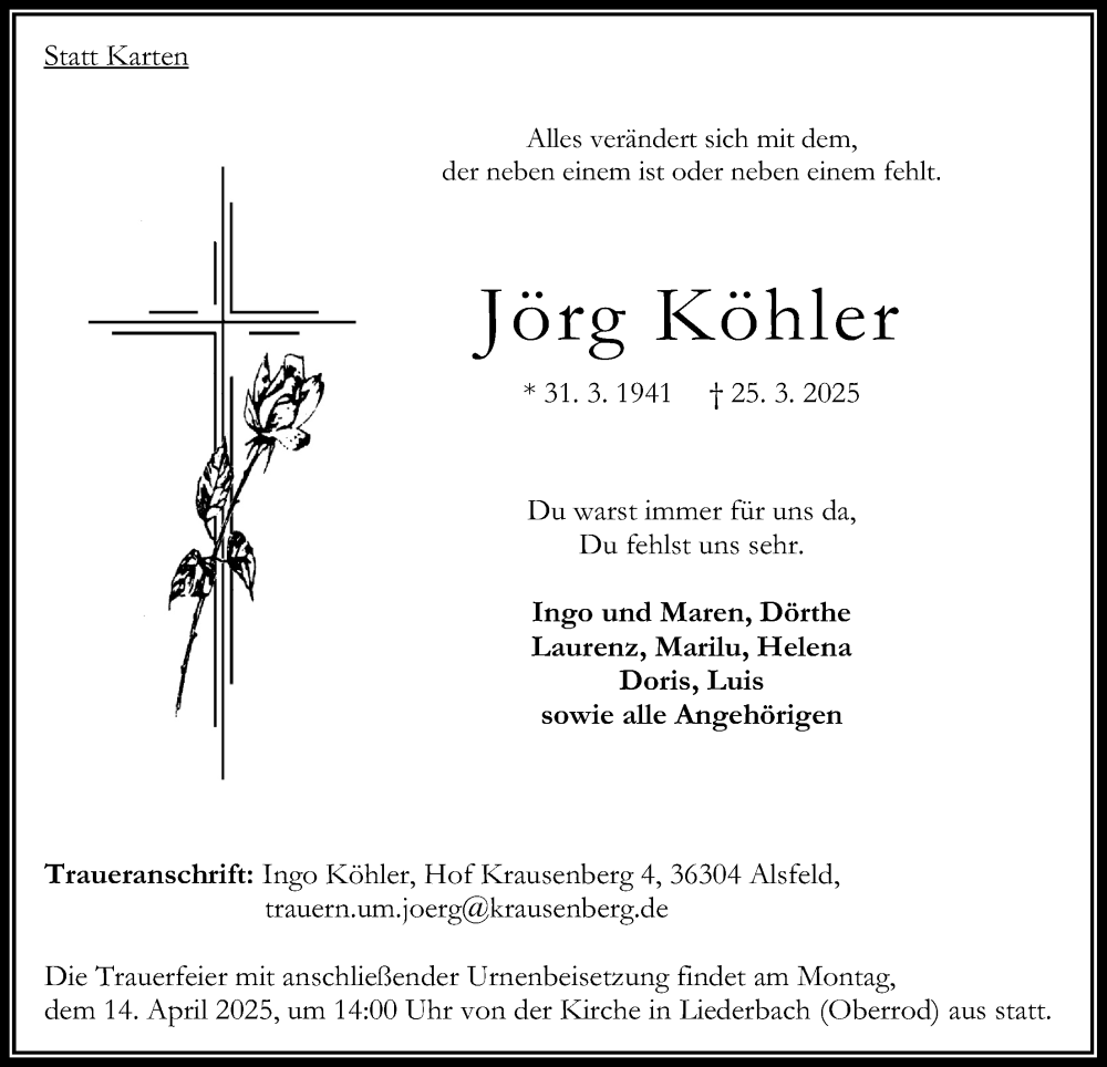  Traueranzeige für Jörg Köhler vom 29.03.2025 aus Oberhessische Zeitung, 