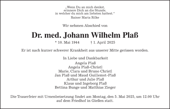 Traueranzeige von Johann Wilhelm Plaß von Giessener Anzeiger
