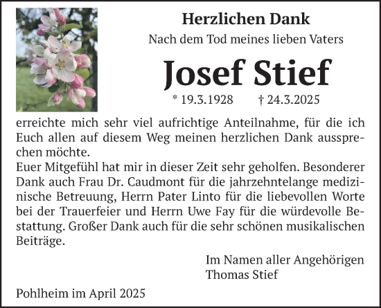 Traueranzeige von Josef Stief von Pohlheimer Nachrichten