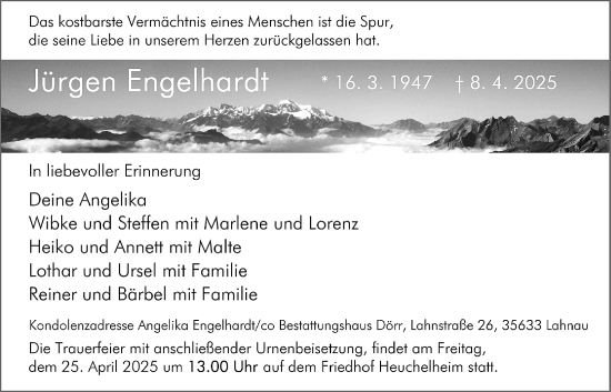 Traueranzeige von Jürgen Engelhardt von Giessener Anzeiger, Giessener Allgemeine, Alsfelder Allgemeine