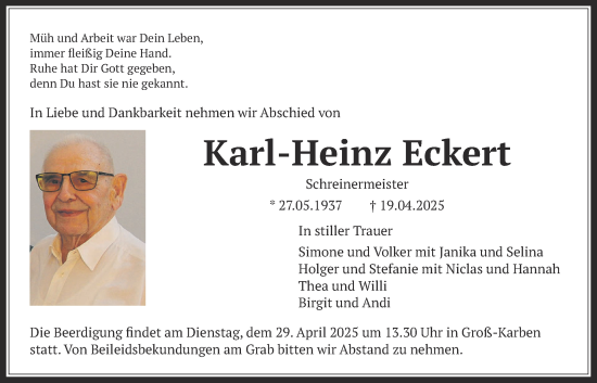 Traueranzeige von Karl-Heinz Eckert von Wetterauer Zeitung