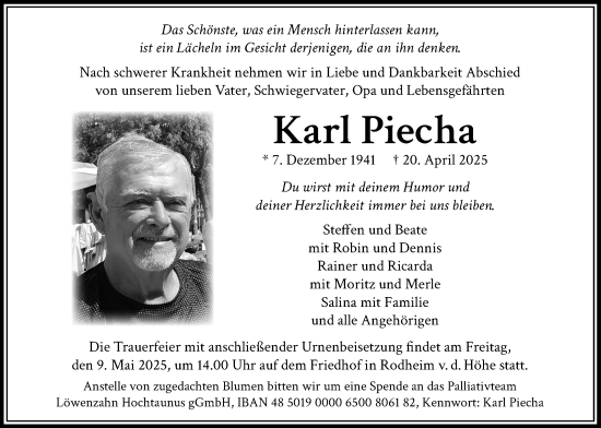 Traueranzeige von Karl Piecha von Wetterauer Zeitung, Wetterauer Zeitung