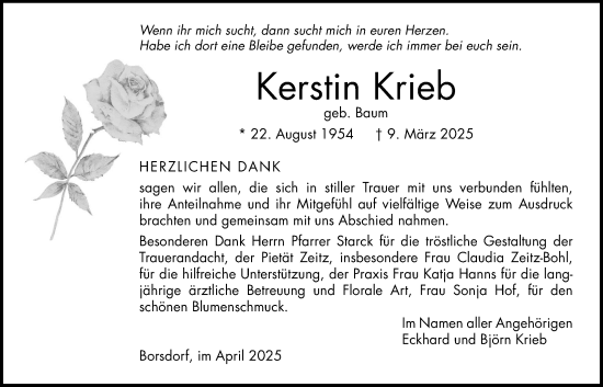 Traueranzeige von Kerstin Krieb von Kreis-Anzeiger