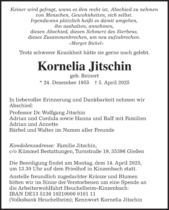 Traueranzeige von Kornelia Jitschin von Giessener Anzeiger, Giessener Allgemeine, Alsfelder Allgemeine