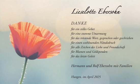 Traueranzeige von Lieselotte Ebersohn von Licher Wochenblatt