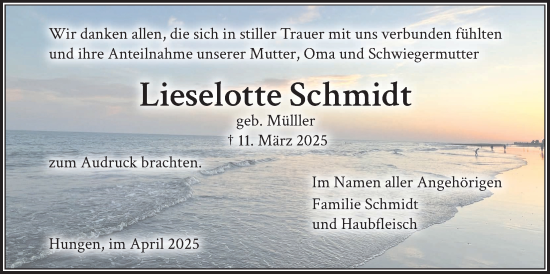Traueranzeige von Lieselotte Schmidt von Licher Wochenblatt