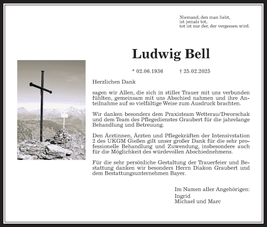 Traueranzeige von Ludwig Bell von Wetterauer Zeitung