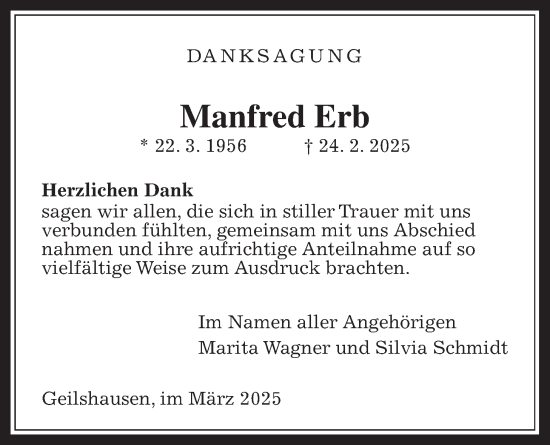 Traueranzeige von Manfred Erb von Giessener Allgemeine, Alsfelder Allgemeine