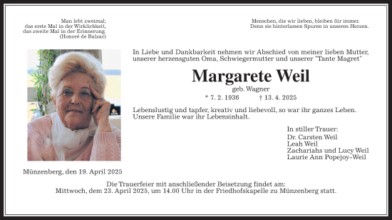 Traueranzeige von Margarete Weil von Butzbacher Zeitung