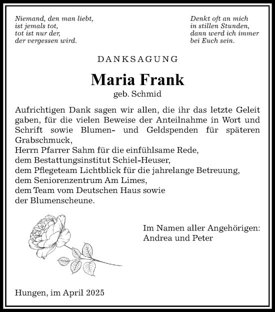 Traueranzeige von Maria Frank von Licher Wochenblatt