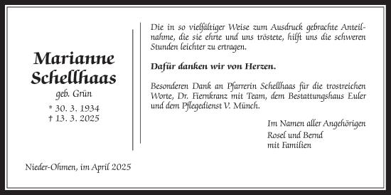 Traueranzeige von Marianne Schellhaas von Mücker Stimme