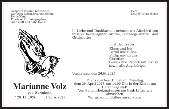 Traueranzeige von Marianne Volz von Kreis-Anzeiger