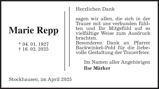 Traueranzeige von Marie Repp von Lauterbacher Anzeiger
