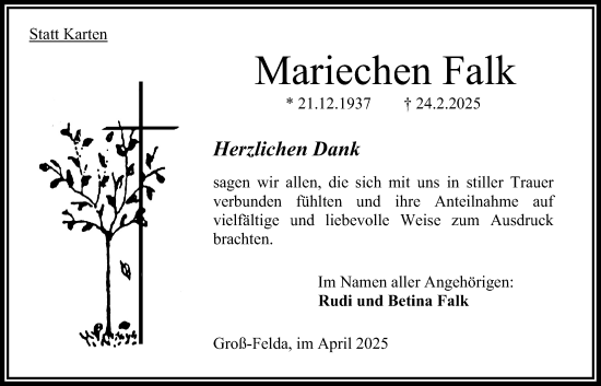 Traueranzeige von Mariechen Falk von Oberhessische Zeitung