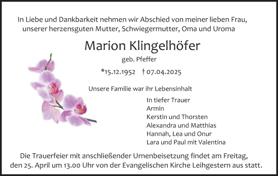 Traueranzeige von Marion Klingelhöfer von Giessener Allgemeine, Alsfelder Allgemeine