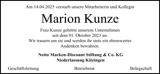 Traueranzeige von Marion Kunze von Lauterbacher Anzeiger, Lauterbacher Anzeiger