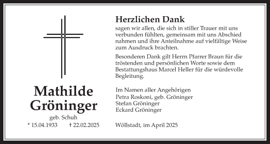 Traueranzeige von Mathilde Gröninger von Wetterauer Zeitung