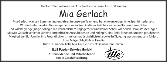 Traueranzeige von Mia Eileen  Gerlach von Kreis-Anzeiger
