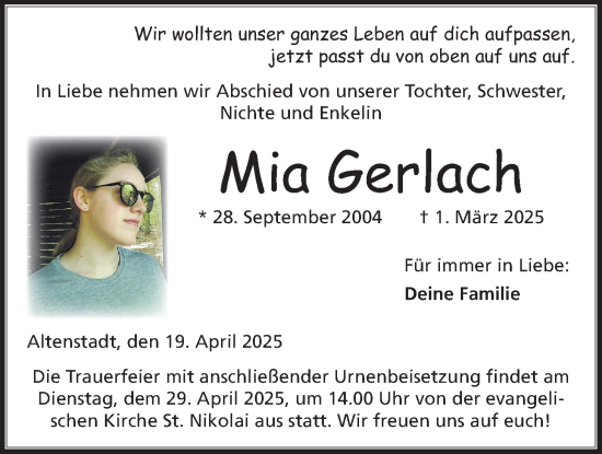 Traueranzeige von Mia Eileen  Gerlach von Kreis-Anzeiger