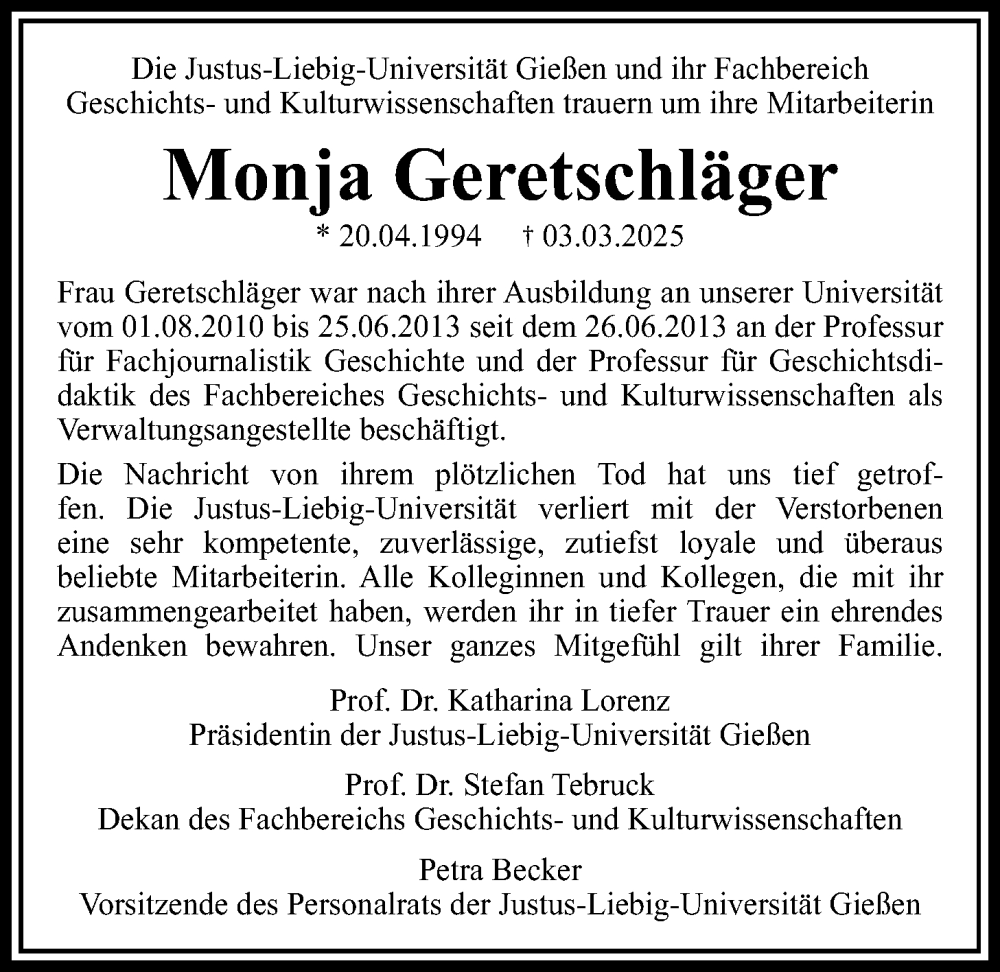  Traueranzeige für Monja Geretschläger vom 15.04.2025 aus Giessener Anzeiger, Giessener Allgemeine, Alsfelder Allgemeine