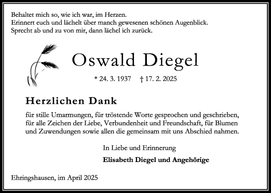 Traueranzeige von Oswald Diegel von Oberhessische Zeitung