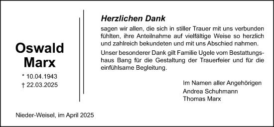 Traueranzeige von Oswald Marx von Butzbacher Zeitung