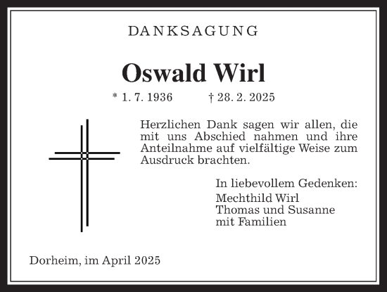 Traueranzeige von Oswald Wirl von Wetterauer Zeitung