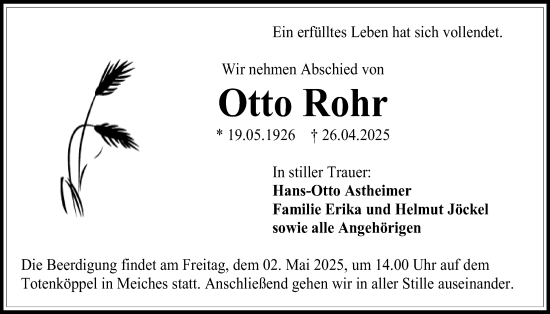 Traueranzeige von Otto Rohr von Lauterbacher Anzeiger