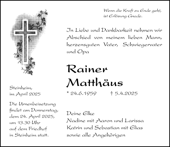 Traueranzeige von Rainer Matthäus von Licher Wochenblatt